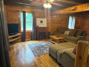 TV, fireplace - Wild Vines Log Cabin Hot Tub, Fire Pit & Privacy (Stanley)