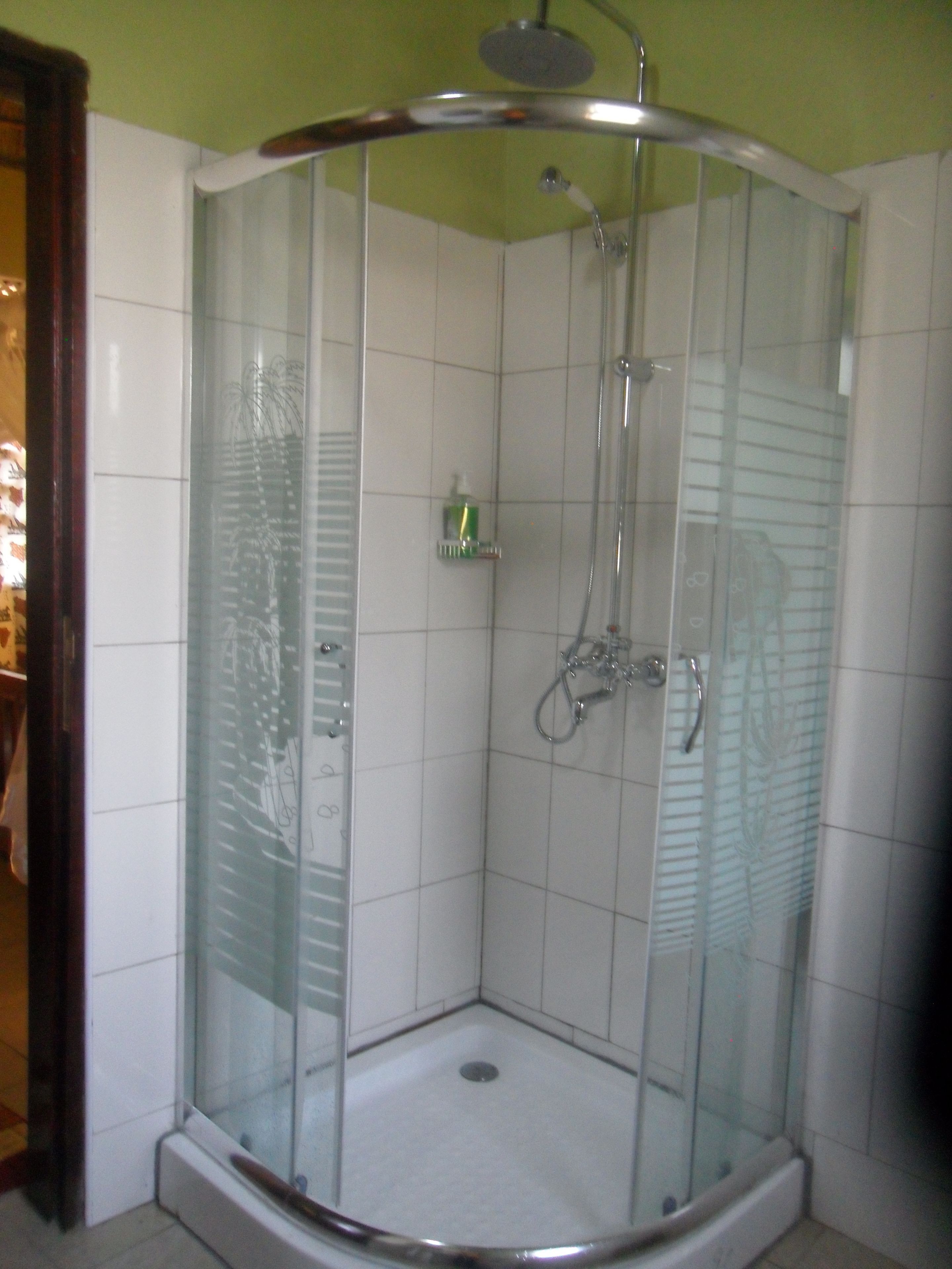 Ducha con cerramiento de vidrio, cabezal de ducha manual y grifo de mano.