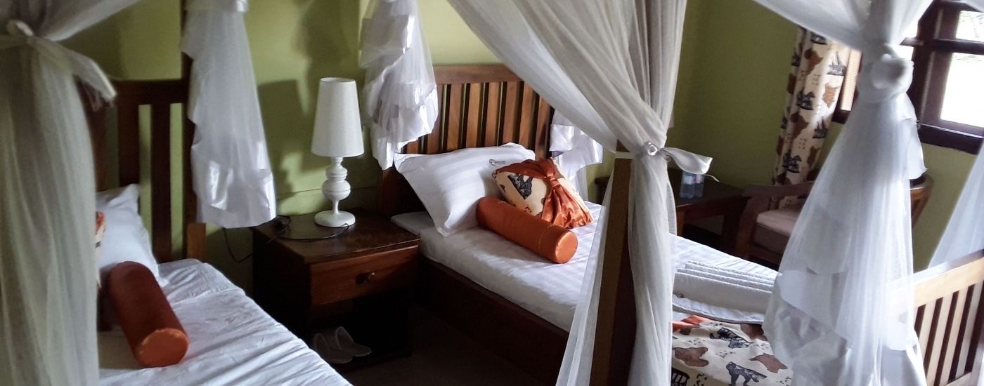 A room with two beds, each with a canopy, a bedside table with a lamp, and a chair.