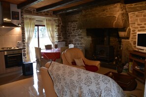 Télévision, cheminée, lecteur de DVD, livres