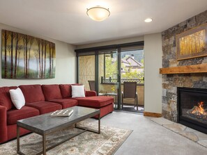 Flat-screen TV, fireplace