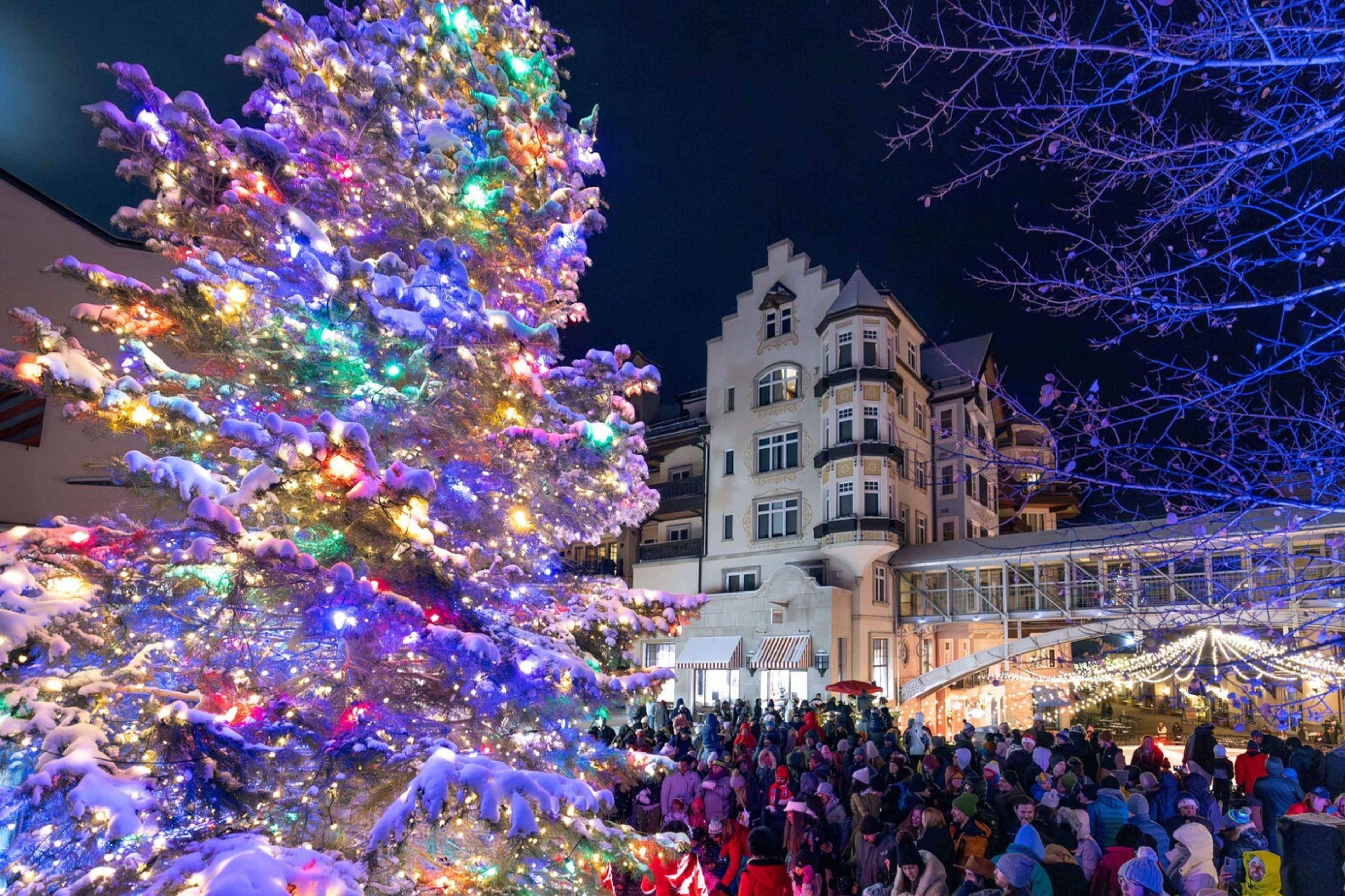 Un gran árbol de Navidad iluminado con nieve en sus ramas, rodeado de gente.
