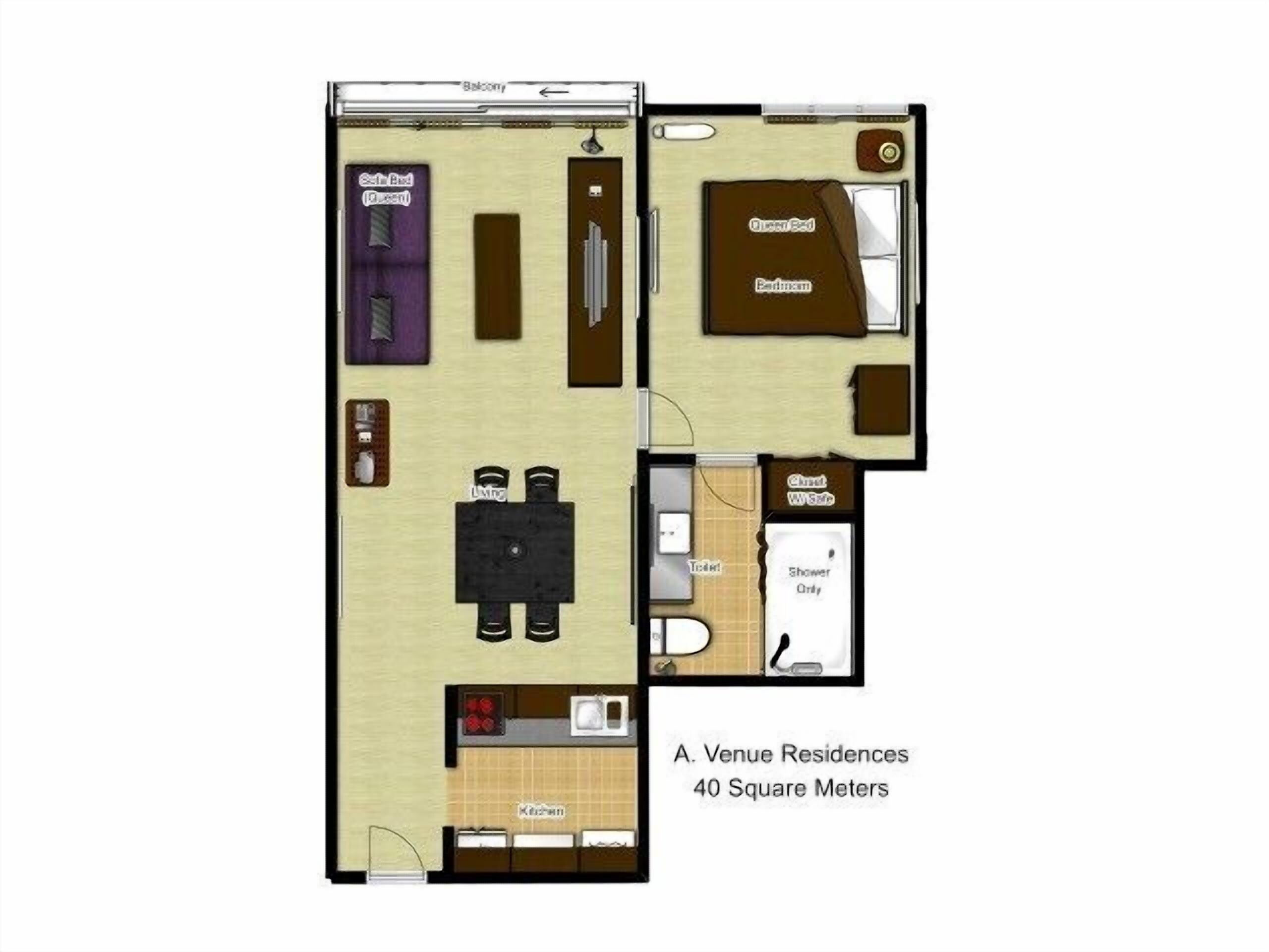 Distribución de habitación de 40 metros cuadrados con balcón, sala de estar, dormitorio, baño y cocina.