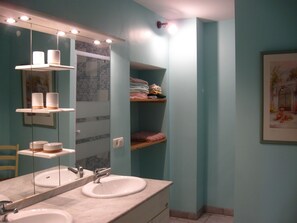 Douche, serviettes fournies, papier toilette