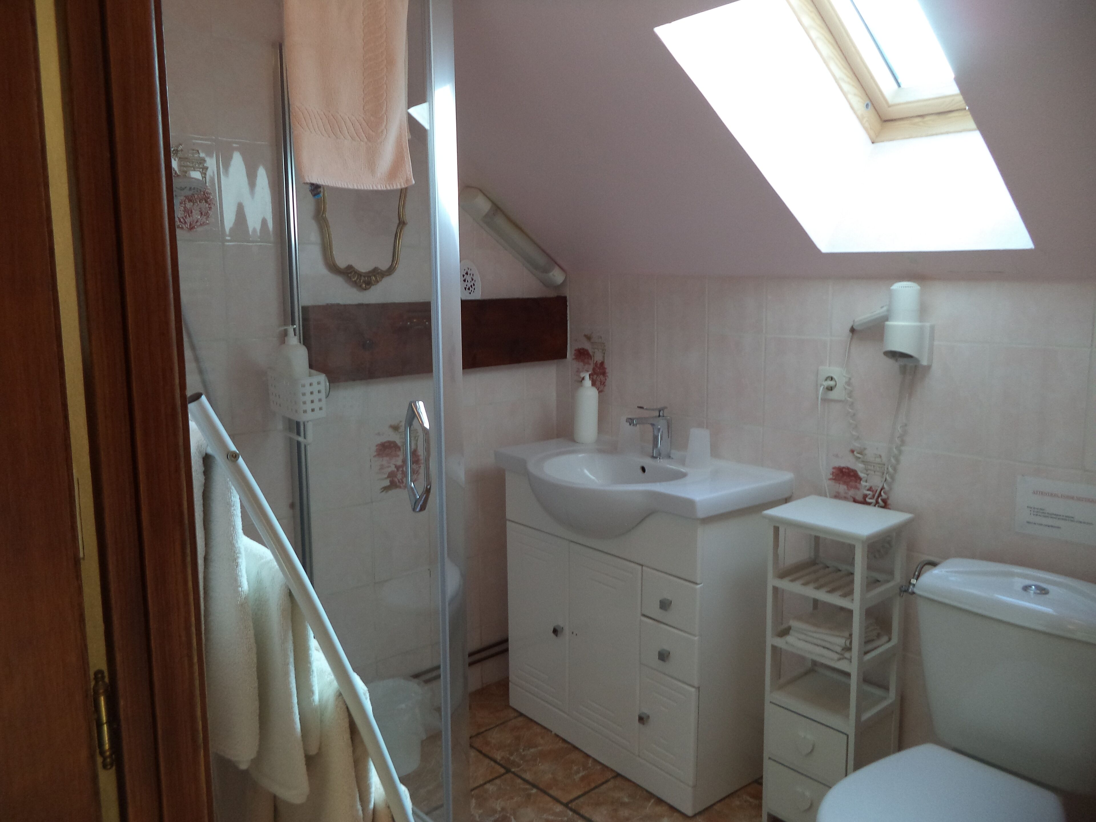 Et badeværelse med ovenlys, håndvask, toilet og brusebad.
