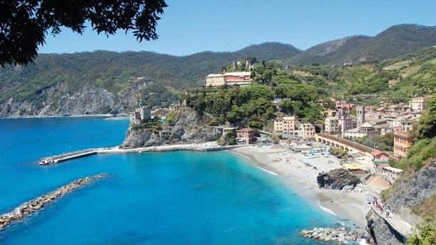 A coastal town with buildings on a hillside, a beach, and a rocky coastline. - Hotel Palme (Monterosso al Mare)