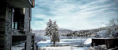 A modern building with a view of a snow-covered landscape and a lake.