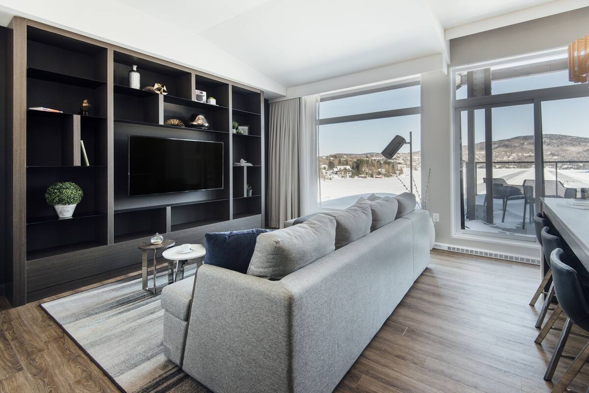 Un salon moderne avec un canapé gris, un grand téléviseur à écran plat et une bibliothèque intégrée de couleur noire.