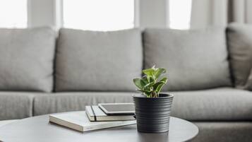 Un tavolo rotondo con una pianta in vaso e libri, davanti a un divano grigio in una stanza luminosa.