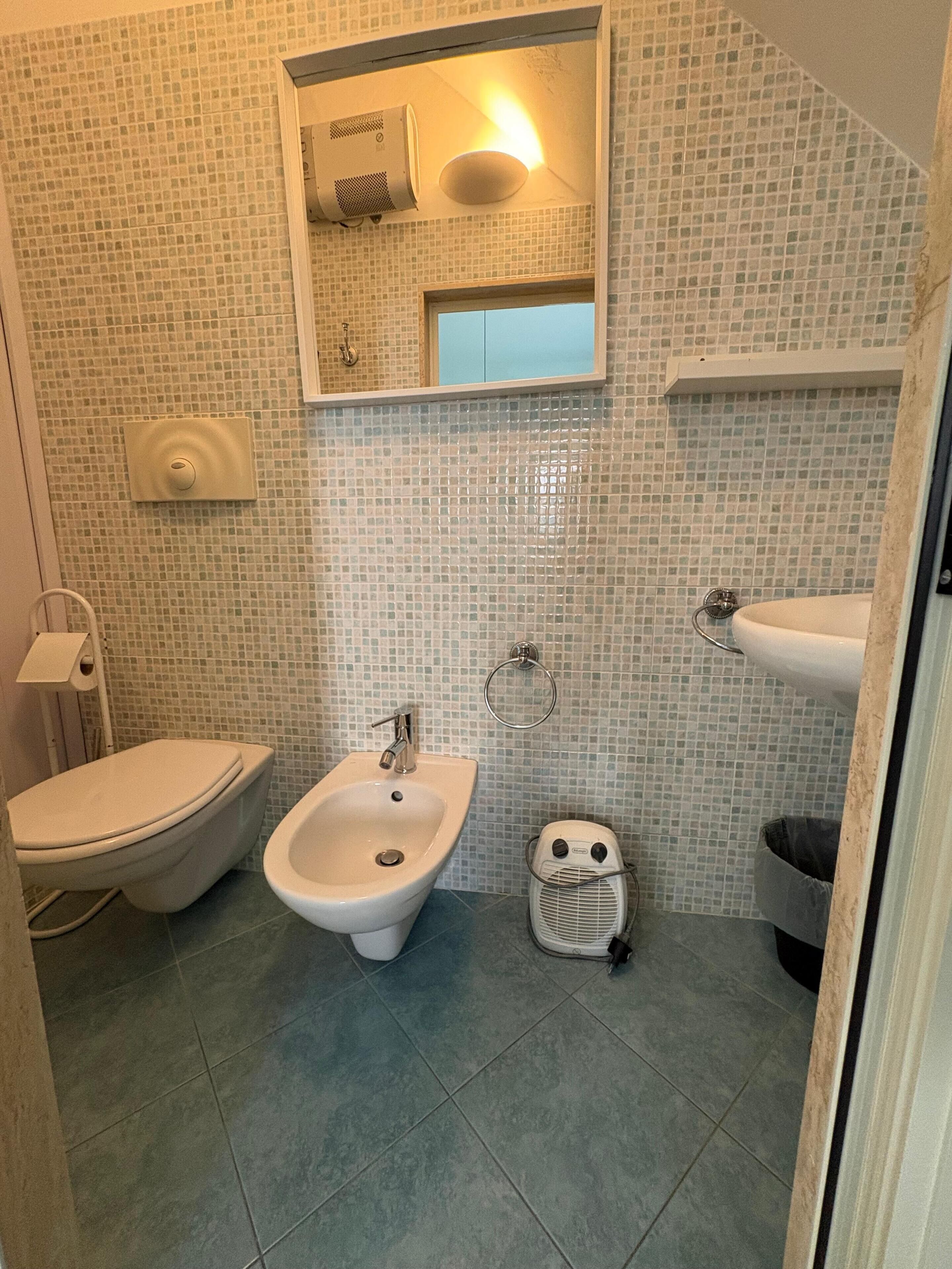 A bathroom with a toilet, bidet, sink, and a mirror above the sink.