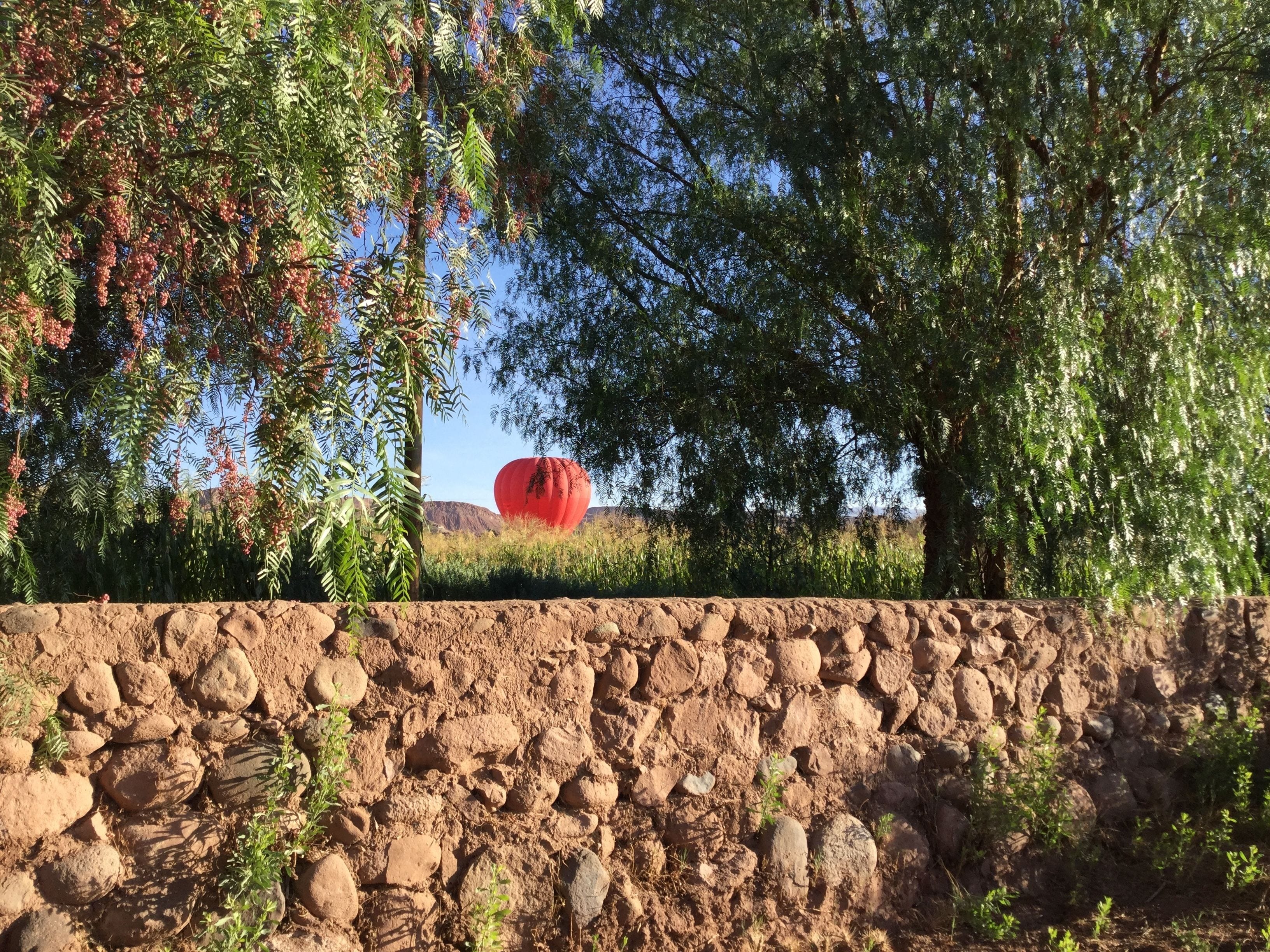 A stone wall with sparse vegetation and a red spherical object in the background.
