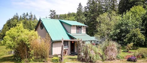 A small, single-story house with a green roof, surrounded by dense forest.