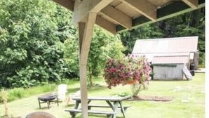 A covered patio with wicker furniture and a picnic table.