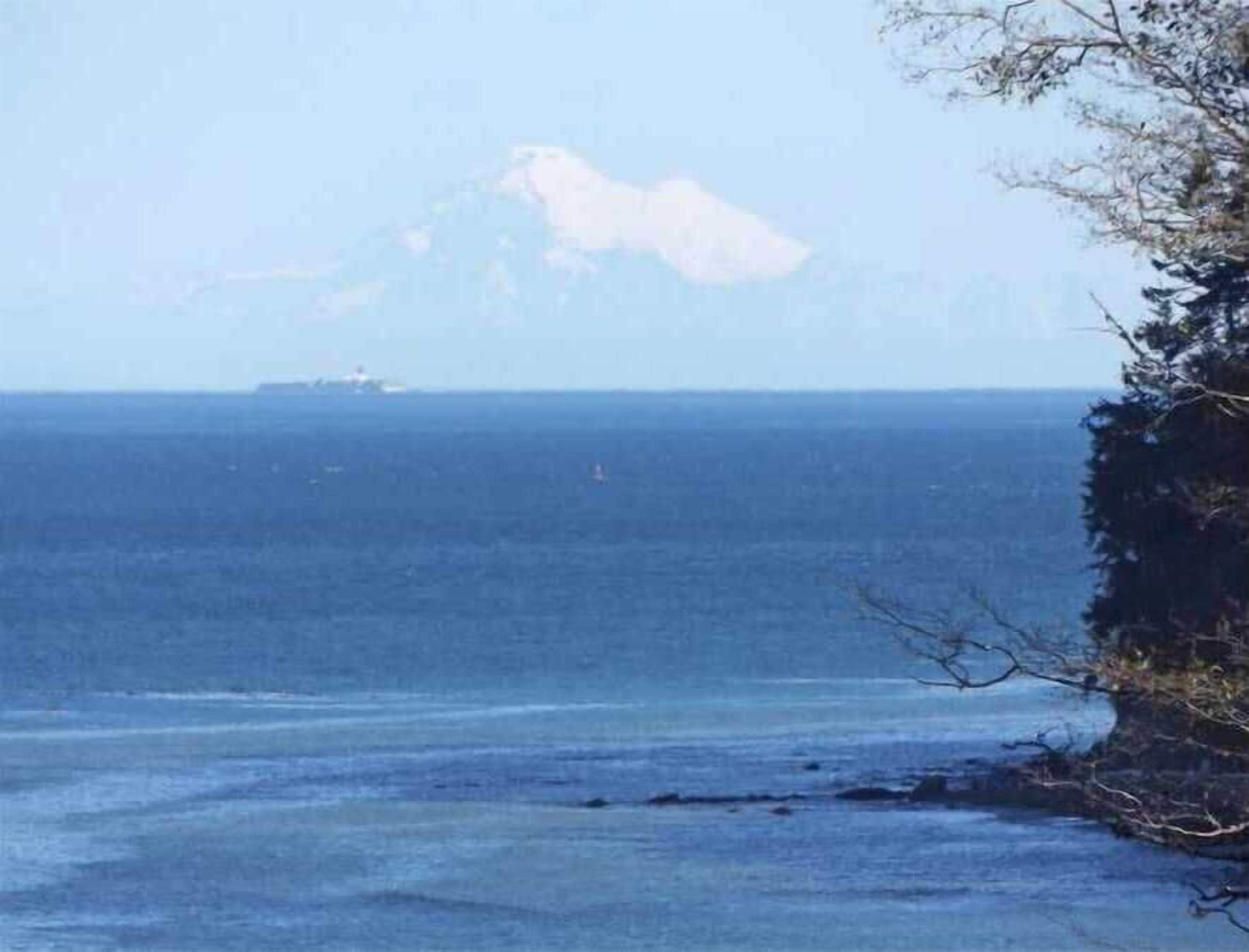 A coastal scene with a ship in the distance, a mountain with snow, and a rocky shoreline.