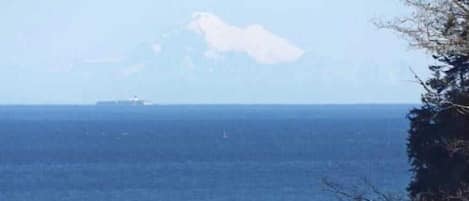 A coastal scene with a ship in the distance, a mountain with snow, and a rocky shoreline.