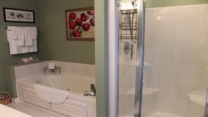 Combined shower/tub, jetted tub, hair dryer, towels