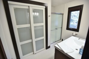 Combined shower/tub, hair dryer, towels, soap