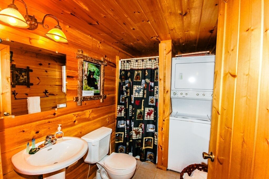 Une salle de bain rustique, aménagée dans une cabane en bois, avec un lavabo, des toilettes et un réfrigérateur.