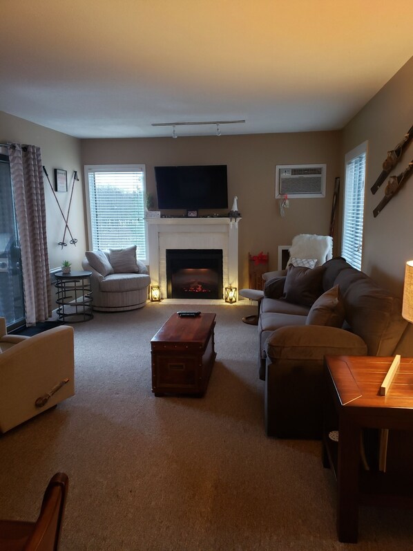 TV, fireplace, video games, DVD player