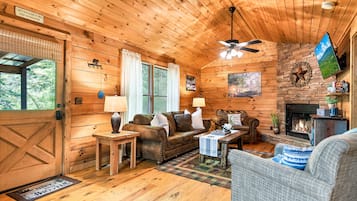 Flatscreentelevisie, een open haard en een dvd-speler