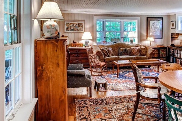 TV, fireplace, DVD player, books