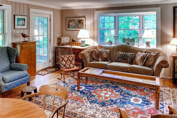 Televisio, takka, DVD-soitin, kirjoja