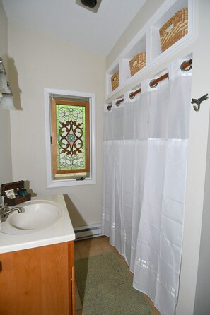 Combined shower/bathtub, hair dryer, towels
