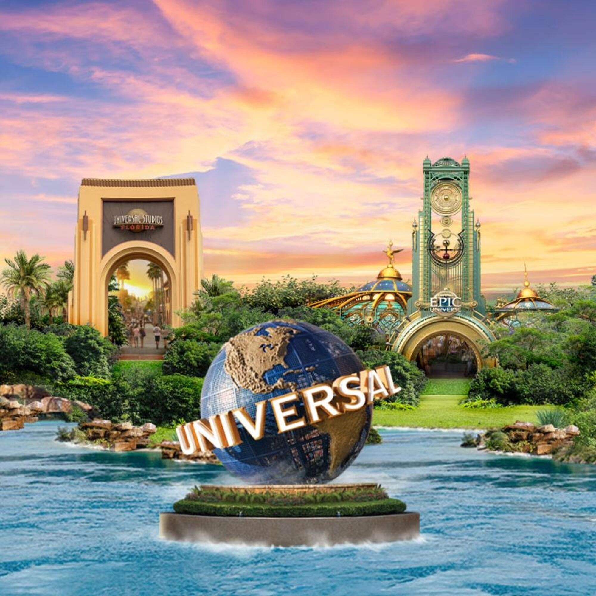 Un globo con la palabra "UNIVERSAL" sobre una plataforma en el agua, rodeado de follaje y palmeras, con un edificio que dice "UNIVERSAL STUDIOS FLORIDA" al fondo.
