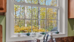 Une cuisine avec une fenêtre donnant sur une forêt.