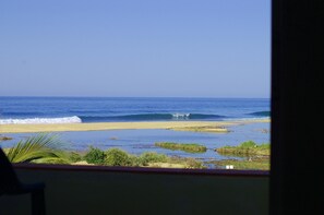 A beach view with waves, sand, and some vegetation.