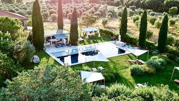 Outdoor pool, pool umbrellas, pool loungers