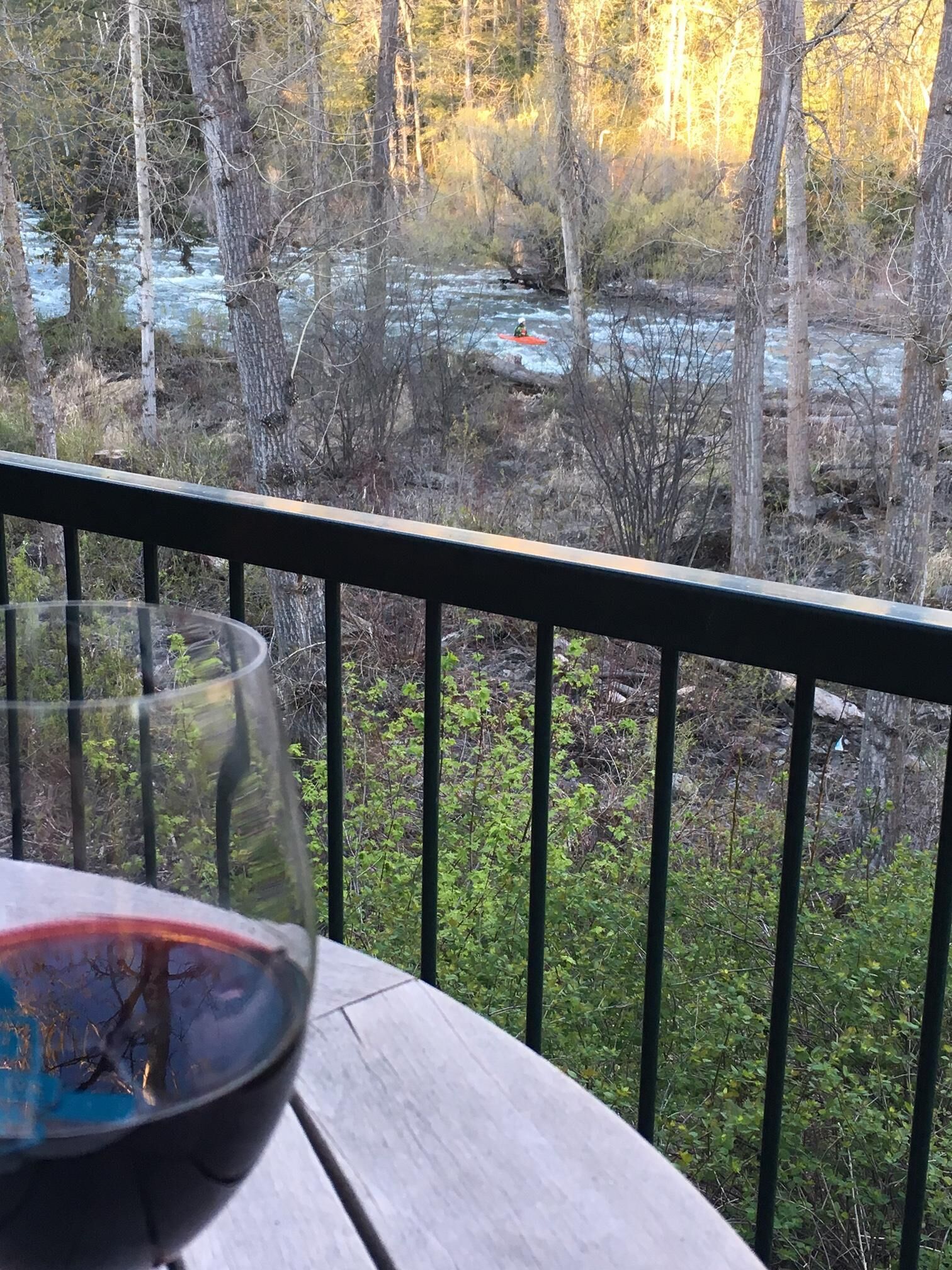 Une table avec un verre de vin rouge et une vue sur une rivière à travers une forêt.
