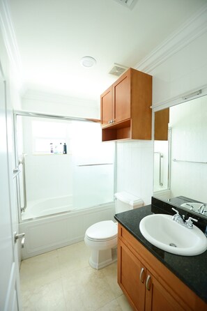 Hair dryer, towels, soap, shampoo