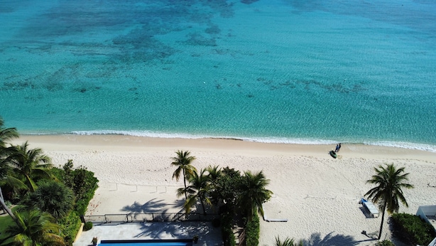 A beach with clear turquoise water, palm trees, and a pool area.