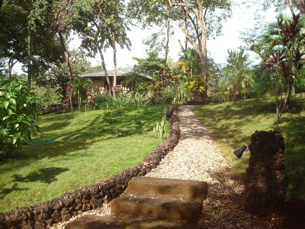 A pathway leading to a building surrounded by lush greenery and trees.