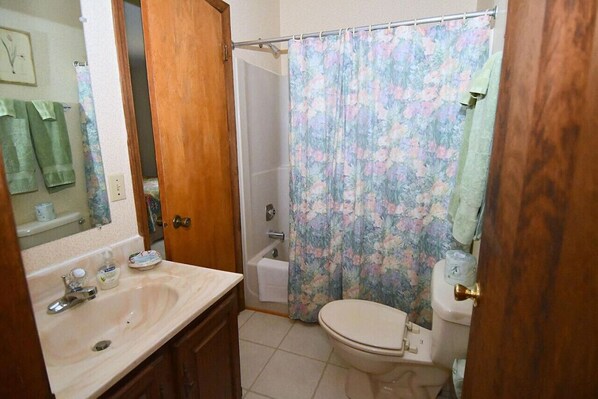 A bathroom with a sink, toilet, and shower curtain.
