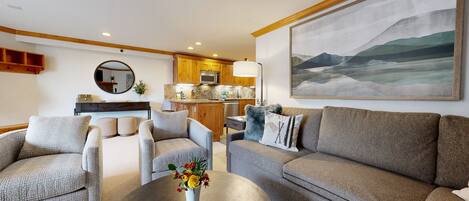 Flat-screen TV, fireplace