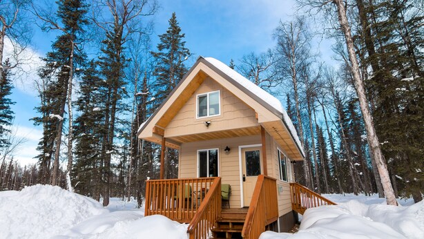 A cabin with a wooden staircase leading to a porch, surrounded by snow and tall trees. - Talkeetna Tiny House Cabin Denali Indoor Sauna/firepit/bike/ski/multi-use trails (Talkeetna)