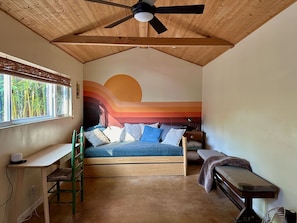 Smart TV, fireplace, books, music library
