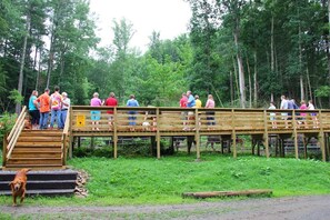 A group of people on a wooden bridge in a wooded area. - Sleep in a caboose: see bison outside the caboose (Clyde)