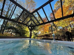 A hot tub under a metal roof structure with a view of autumn trees.