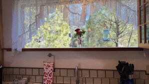 Eine Küche mit Fenster, einer Blumenvase, einem Glas Wasser und einem Besteckhalter.
