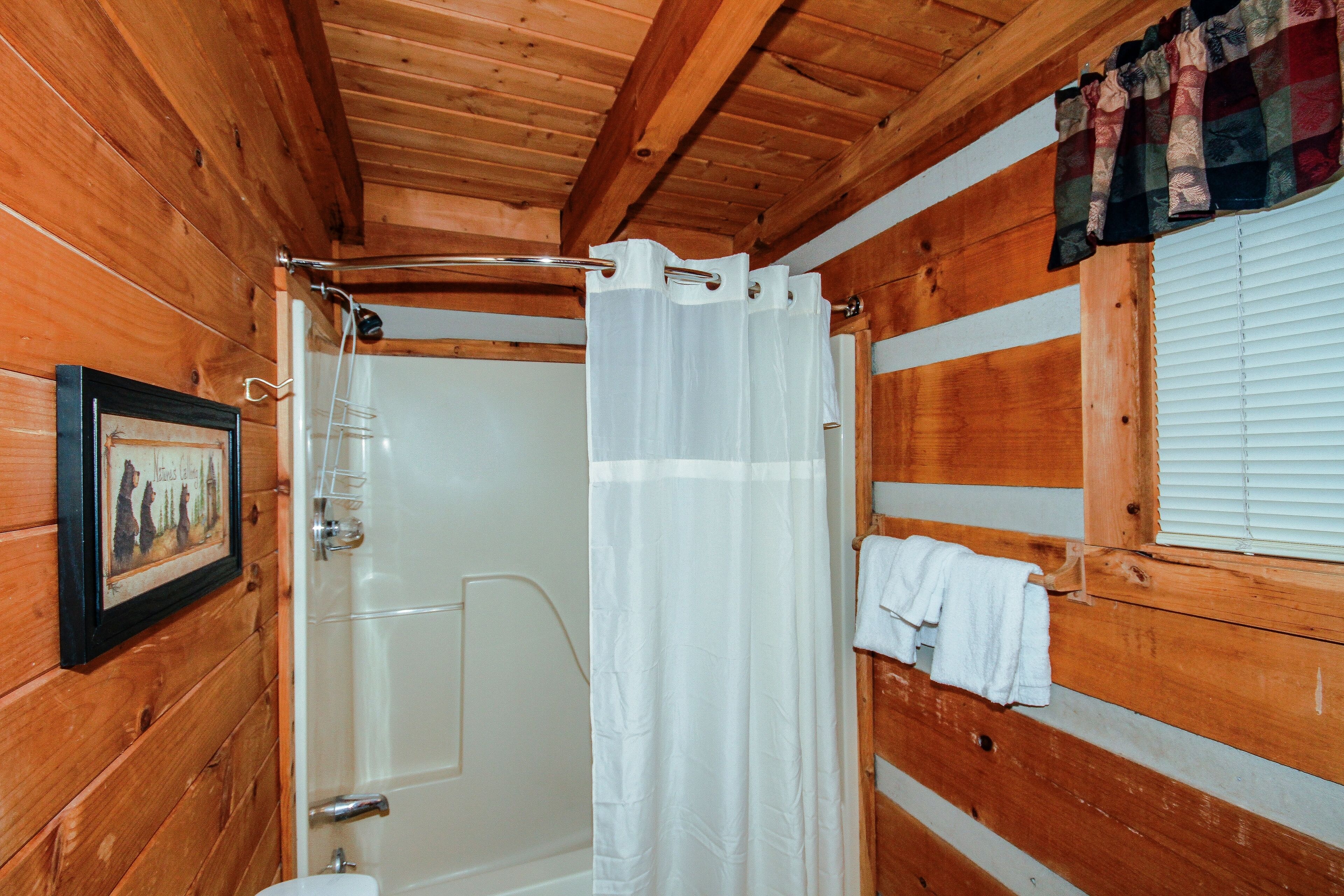 Baño de cabaña de madera con ducha, un cuadro enmarcado en la pared y una ventana con persianas.