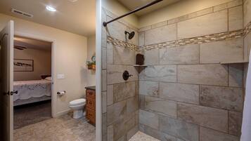 Combined shower/tub, hair dryer, towels, soap