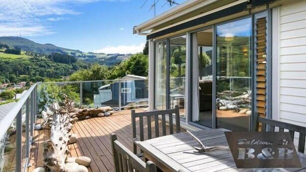 A wooden deck with a glass balustrade overlooking a scenic landscape. - Baldwin Street BNB (Dunedin)