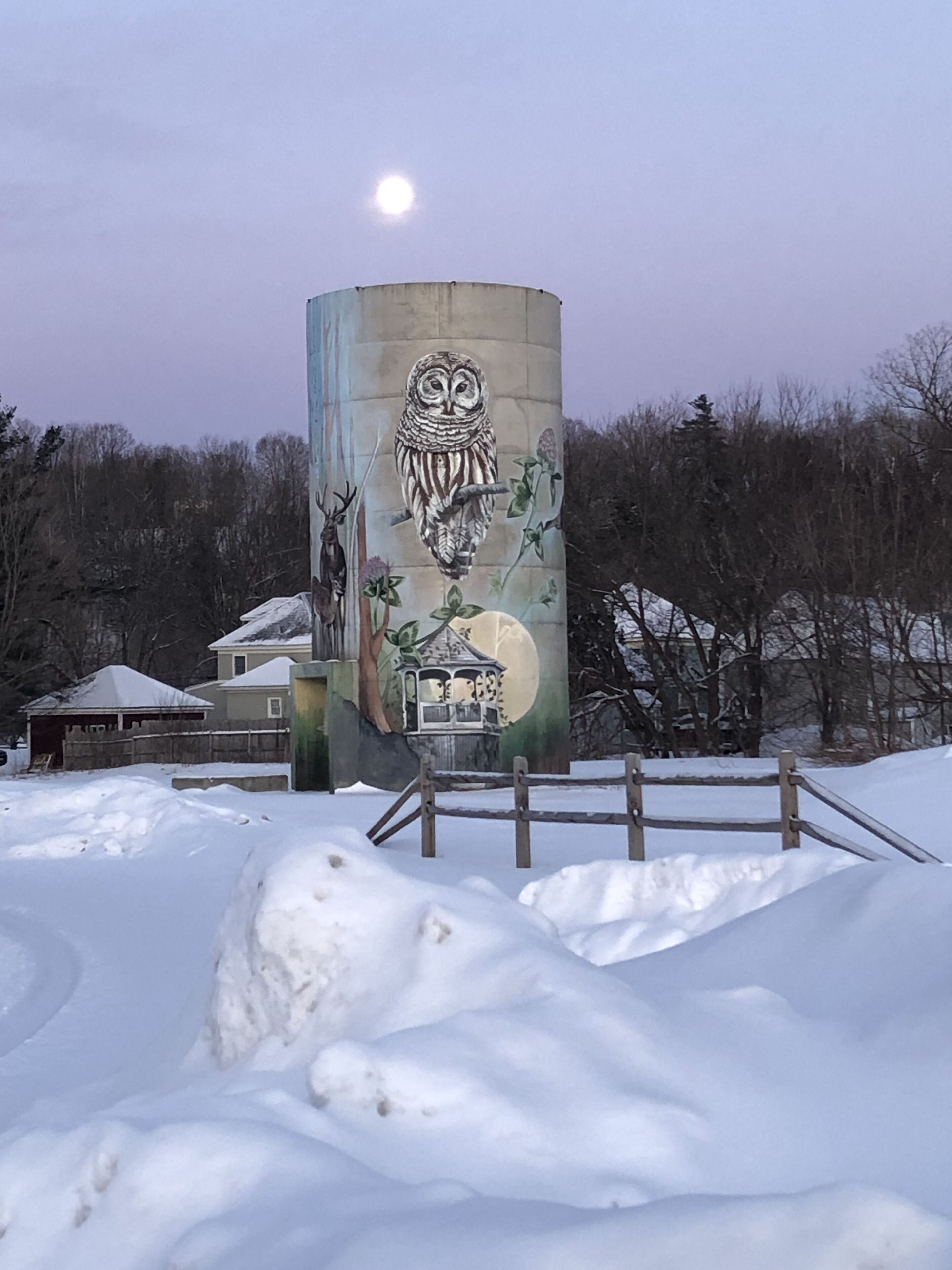 Una estructura cilíndrica con un mural de un búho y una luna, rodeada de nieve y árboles.