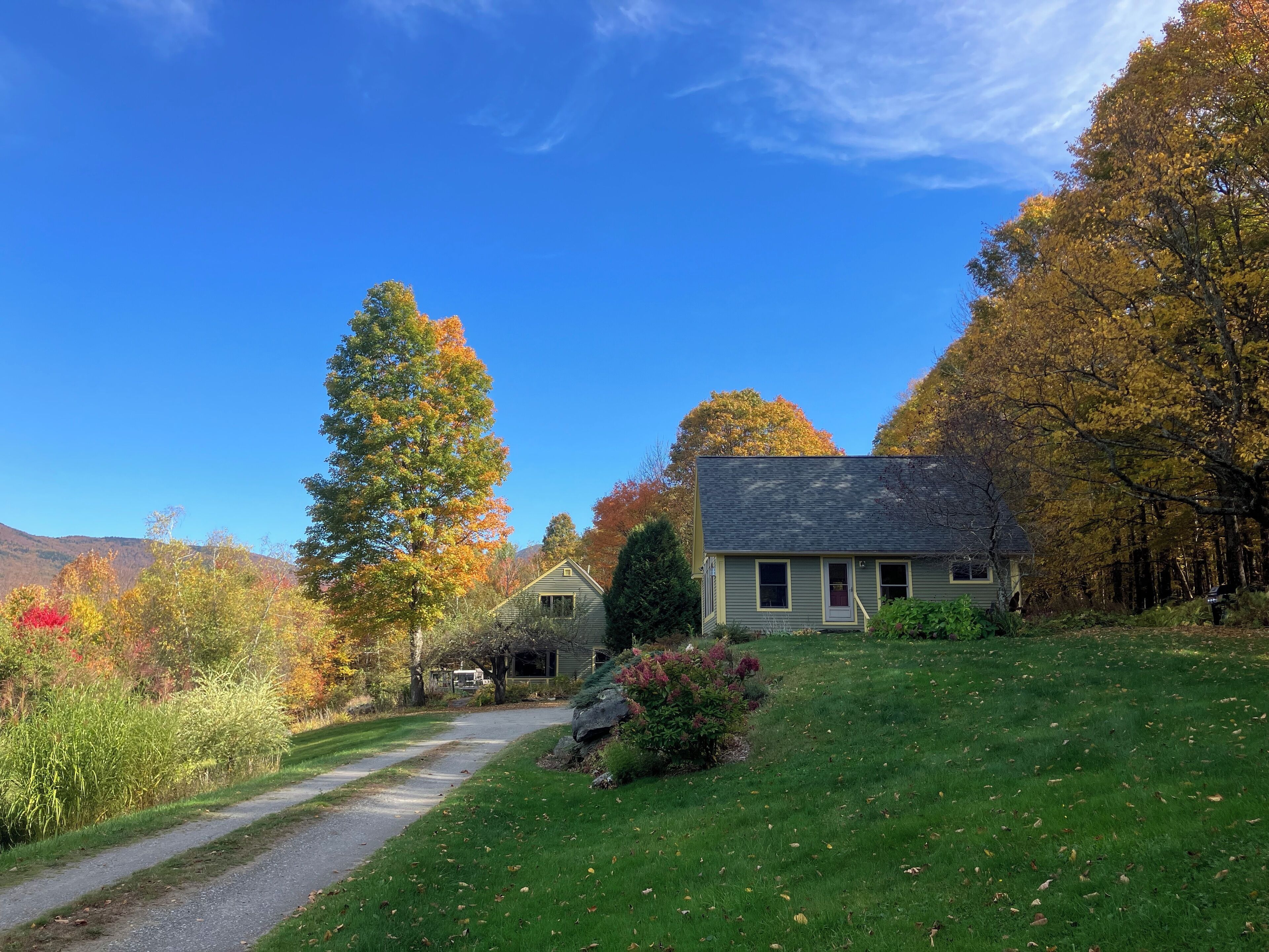 A house with a paved driveway, surrounded by autumn foliage and a clear blue sky.