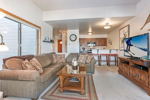 Smart TV, fireplace, DVD player, books