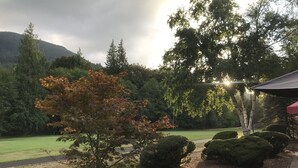 Un jardín con césped, árboles y un sendero.