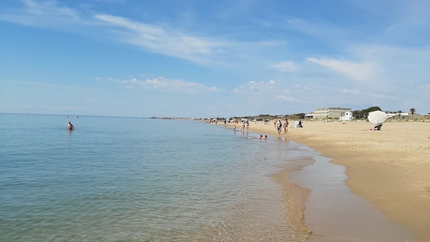 A beach with clear shallow waters, a sandy shore, and a few buildings in the background. - Marseillan house without opposite in the peace, garden terrace, in a residence (Marseillan)